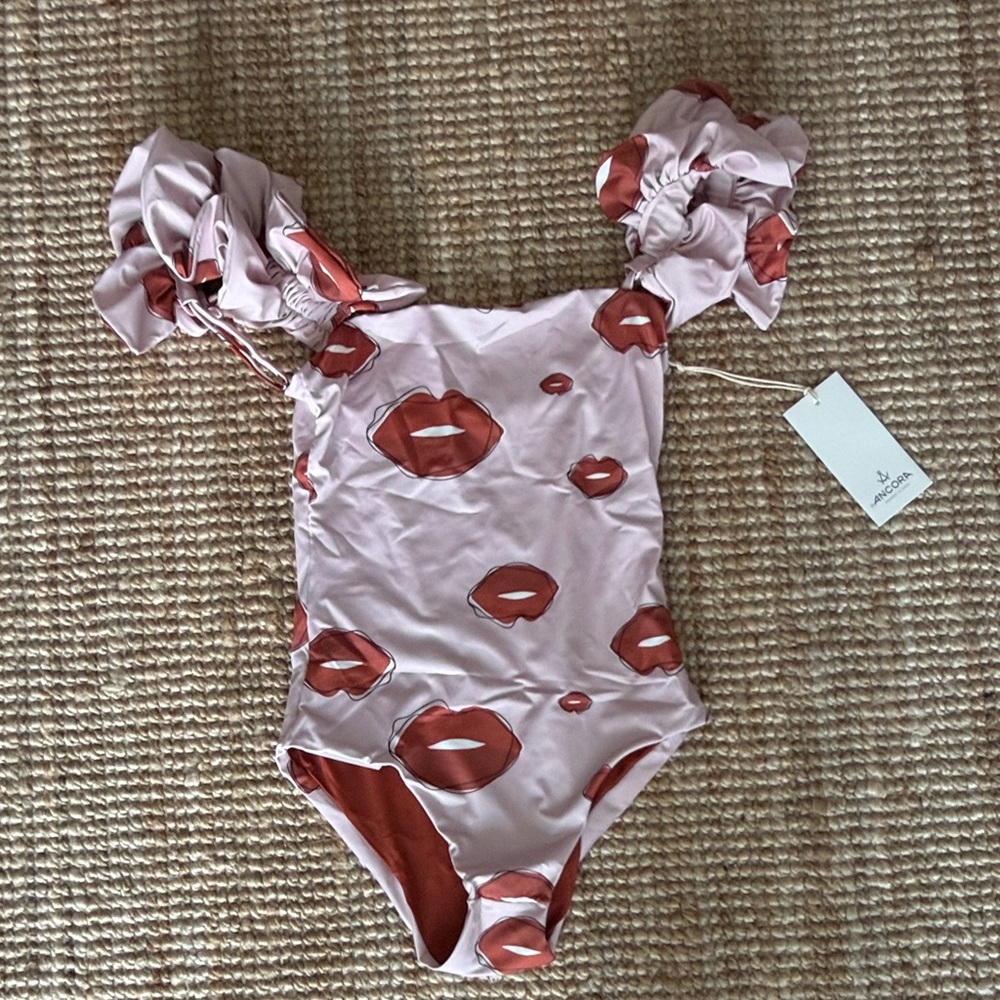 Pink Lip-Print Ruffle One-Piece Swimsuit